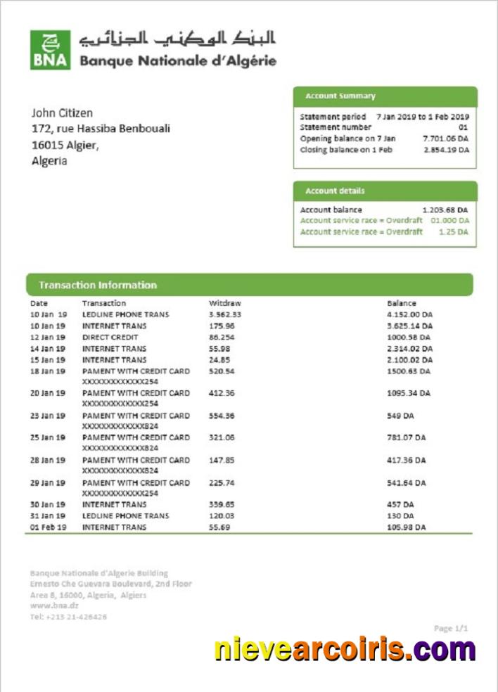 Algeria Banque nationale d’Algérie (BNA) bank statement